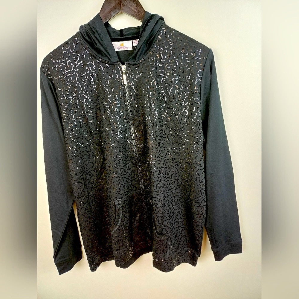 NWT Quacker Factory Sequin Zip Front Knit Black Jacket Hoodie XL A203829